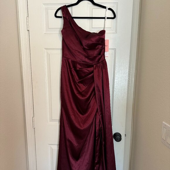 JJ's House A-line One Shoulder Satin Bridesmaid Dress - Cabernet - Picture 1 of 4